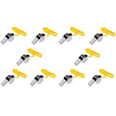 Imagem de KIt 10 Apitos De Metal Prateado com Cordão Amarelo – Esportes, Educação Física, Brincadeiras, Segurança do Trabalho, Eventos, Festas
