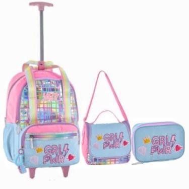 Imagem de Kit Mochila de Carrinho Holográfica Girl Power Escolar Juvenil Feminino Escolar 2026 (AZUL)