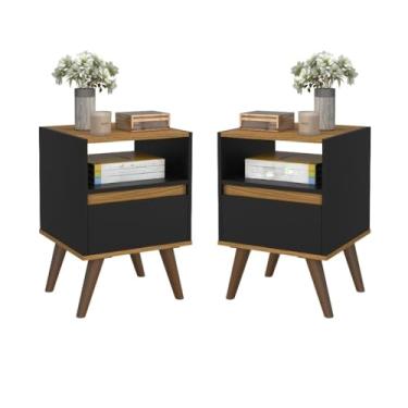 Imagem de Kit Mesa De Cabeceira Para Quarto Pés Retro 1 Gaveta (Preto/Freijó)