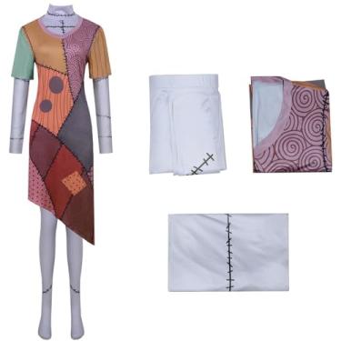 Imagem de Qcekreu Conjunto de 3 peças de fantasia de cosplay de Halloween Sally engraçado com estampa de cicatriz de manga comprida para adultos (M, Cinza-A)