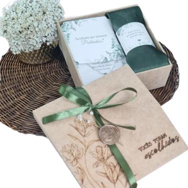Imagem de Kit Convite Padrinhos Gravata Pulseira Caixa Decor Verde Oli