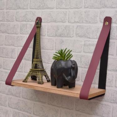 Imagem de Prateleira Suspensa de MDF com Alças de Couro - 29x13cm, Minimalista para Plantas, Livros e Decoração(Vinho,1)