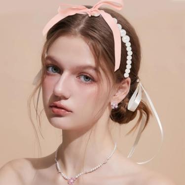 Imagem de 1 tiara elegante de pérola sintética com laço rosa doce, faixa de cabelo fofa, fina, imitação de pérola, acessórios de cabelo modernos para festas, casamentos, encontros