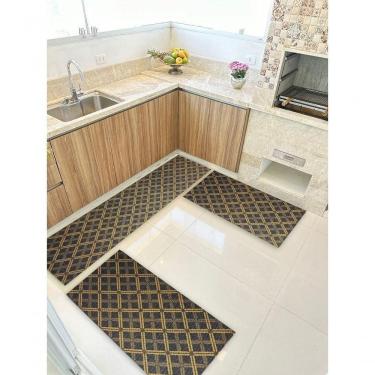 Imagem de Kit 3 Peças Jogo Cozinha Passadeira Emborrachada Não Derrapa Geometric Azul Laranja