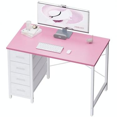 Imagem de Pamray Mesa de computador de 81 cm com 4 gavetas, pequena mesa de escritório para casa, quarto, estudo, escrita, simples, moderna, mesa de computador, rosa