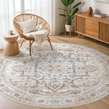 Imagem de Tapete redondo para sala de estar: 1,5 m lavável boho círculo grande neutro macio interior envelhecido resistente a manchas tapete de casa de fazenda para quarto berçário crianças sala de jogos