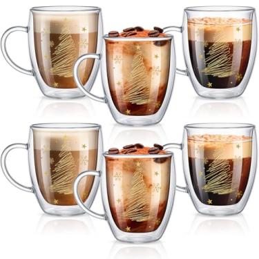 Imagem de Sliner Pacote com 6 canecas de café de vidro de Natal com alça 340 g árvore de Natal dourada parede dupla transparente copos isolados canecas de inverno para cappuccino latte saquinho de chá expresso