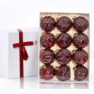 Imagem de 12 peças de enfeites de Natal de vidro vermelho, enfeites de bola de vidro texturizado de 8 cm, bolas vintage com nervuras e em relevo, decorações de férias de fazenda rústicas para árvore de Natal