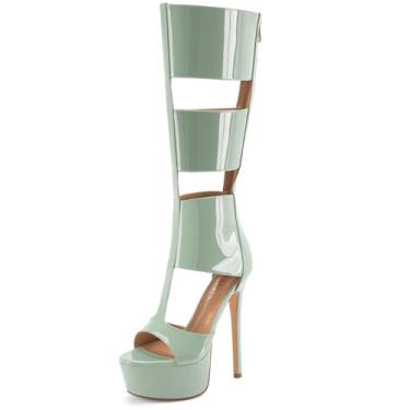Imagem de Perisis Sandálias gladiadoras plataforma até o joelho para mulheres sexy aberto peep toe salto alto stiletto moda verão vestido festa dança botas com zíper, Patente verde-menta, 39
