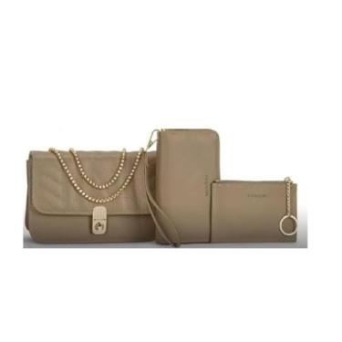 Imagem de Kit Bolsa Feminina 3 em 1 Matelassê, Bolsa Transversal com Alça Corrente Dourada, Carteira e Porta-Cartões, Acabamento Premium, Cor Caqui