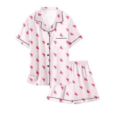 Imagem de Conjunto de pijamas Schbbbta Satin para mulheres com 2 peças rosa Flam