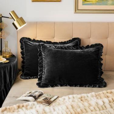 Imagem de GLORY SEASON Conjunto de 2 fronhas de veludo retrô com babados com acabamento macio decorativo luxuoso sólido obsidiana preta fazenda vintage fronhas para decoração de quarto King 50 x 91 cm