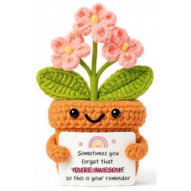 Imagem de Lindo presente de flor de crochê – presente de incentivo e apoio emocional para amigas, lembrete de autocuidado inspirado, feito à mão, estatueta de flores em vaso para aniversário, decoração de mesa