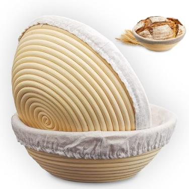 Imagem de Banneton Conjunto de 2 cestas redondas de fermento com forros, tigela à prova de massa de vime feita à mão para fazer pão artesanal, ideal para padeiros (conjunto redondo de 23 cm, 2 peças)