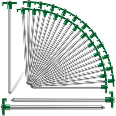 Imagem de PIEMEET Pacote com 20 estacas de barraca resistentes, pinos de metal à prova de ferrugem de 24 cm, estacas de chão para pátio, jardim, dossel, grama, ao ar livre (verde)