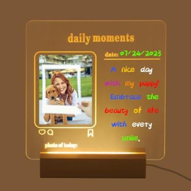 Imagem de Quadro de acrílico apagável a seco com luz, tablet memorando brilhoso acrílico 19 x 19 cm momentos diários, base de madeira com placa de exibição de foto, quadro de acrílico transparente para