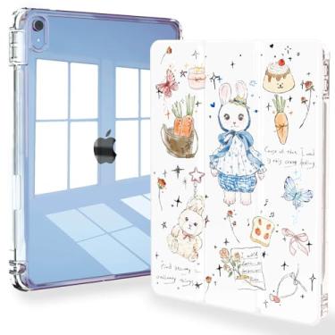 Imagem de Feams Capa para iPad (A16) 11ª geração 11 polegadas 2025, iPad 10ª geração 10,9 polegadas 2022, capa traseira transparente com suporte para lápis e hibernação automática, coelhinho fofo com laço azul