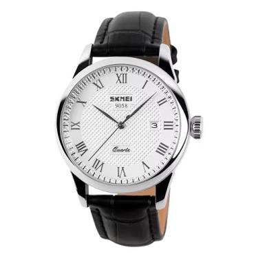 Imagem de Relógios de pulso masculinos S KMEI executivos de quartzo, numerais romanos, pulseira de couro, casual, resistente à água, relógios analógicos (PRATA WHITE MASCULINO)