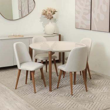 Imagem de Conjunto de Jantar Mesa Redonda com Vidro Donatella com 4 Cadeiras New Drop - Natural c/ Off White