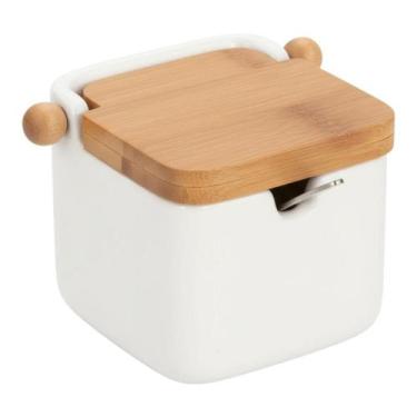 Imagem de Saleiro Açucareiro Cerâmica Porcelana Tampa Bambu Com Colher - Kadê
