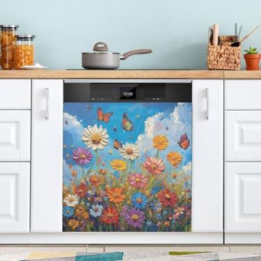 Imagem de ATTX Capa de ímã de lava-louças colorido flores silvestres prado, 58 cm C x 66 cm A decoração da capa da máquina de lavar louça, decalques de armário doméstico adesivos de eletrodomésticos #154