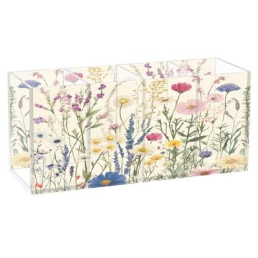 Imagem de SEHANY Porta-canetas de acrílico com flores silvestres coloridas, 4 compartimentos, porta-lápis transparente, organizador de pincéis de maquiagem, organizador de papelaria para escritório, casa