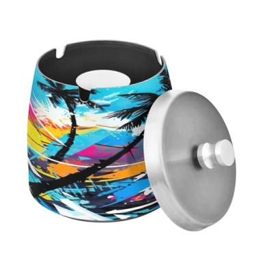 Imagem de Blueangle Cinzeiro de palmeiras tropicais com tampa para cigarros, à prova de vento/chuva, aço inoxidável, sem fumaça, inodoro, cinzeiro para uso interno ou externo (243)