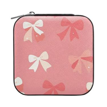 Imagem de SEHANY Caixa de joias personalizada com laço rosa para mulheres, meninas, mini estojo de joias de couro PU, organizador de joias de viagem, caixa de joias para brincos, anéis, colares, presentes para