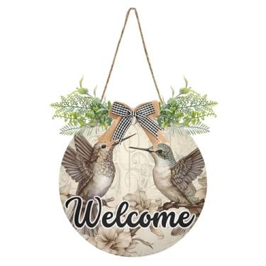 Imagem de SEHANY Placa de boas-vindas colorida, beija-flor, decoração de porta da frente, guirlanda de boas-vindas redonda para decoração de casa de fazenda, varanda, pátio, 30 x 30 cm