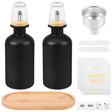 Imagem de Dispensador de enxaguante bucal de vidro para banheiro, enxaguante bucal de 335 g, dispensador de enxaguante bucal com copo, garrafa decantadora com bicos de aço inoxidável, adequado para enxaguante