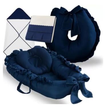 Imagem de KIt enxoval Ninho Redutor de Berço Almofada Amamentação Cobertor Toalha Banho Mosquiteiro Kit 5 Peças (4 Peca Azul Marinho)