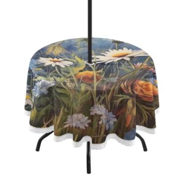 Imagem de CEBUGI Toalha de mesa redonda para uso ao ar livre, flores silvestres, impermeável, com furo Umberlla, capa de mesa lavável para pátio, cozinha, sala de jantar, 152 cm
