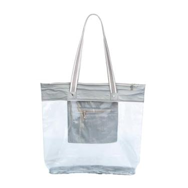 Imagem de Bolsa de Praia e Piscina Impermeável com Zíper e Bolso Interno, Azul Claro, Sacola Tote (Impermeável Transparente, Cinza Listra)