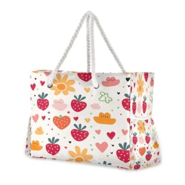 Imagem de Wassud Bolsa de praia linda bolsa de praia grande de morango para mulheres, à prova d'água, à prova de areia, bolsa de viagem com zíper e bolso para piscina, academia, acampamento