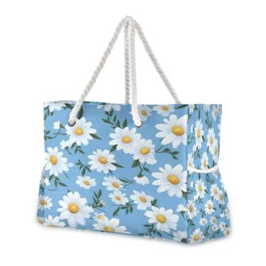 Imagem de Wassud Bolsa de praia branca, margarida, grande, bolsa de praia para mulheres, impermeável, à prova de areia, bolsa de viagem com zíper e bolso para piscina, academia, acampamento