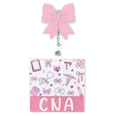 Imagem de CNA Carretel de crachá e amigo, suporte retrátil de crachá de identificação de enfermeiras, crachá de acrílico com glitter com clipe jacaré, acessórios CNA para presente de trabalho para colegas de
