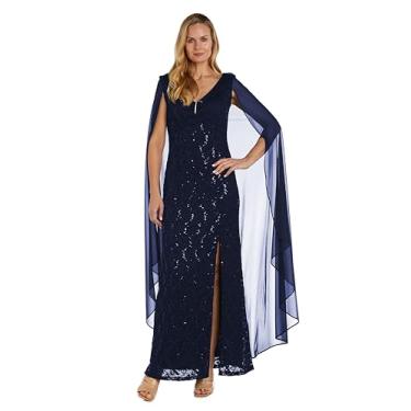 Imagem de R&M Richards Vestido feminino longo capelet com fenda lateral, Azul marino, 52