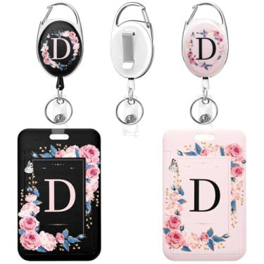 Imagem de Soleebee Pacote com 2 porta-crachás de identificação A-Z com carretel retrátil, lindos emblemas de identificação preto e rosa, chaveiro durável, carretel de crachá resistente para enfermeiras