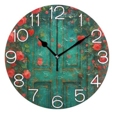 Imagem de GAIGEO Relógio de parede analógico decorativo redondo sem tique-taque silencioso para sala de aula, relógio de escritório, retrô moderno art déco, decoração de parede, porta azul-petróleo, rosas