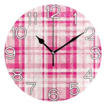Imagem de GAIGEO Relógio de parede decorativo analógico para sala de aula relógio de escritório funky alimentado por bateria, arte de parede boho decoração de casa rosa branco xadrez, 25 cm, ponteiros pretos