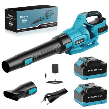 Imagem de Soprador de folhas sem fio 21 V, soprador de folhas de bateria com 2 pilhas e carregador de 4,0 Ah, 3 modos de velocidade, soprador portátil sem fio para cuidados com o gramado, folhas soprando