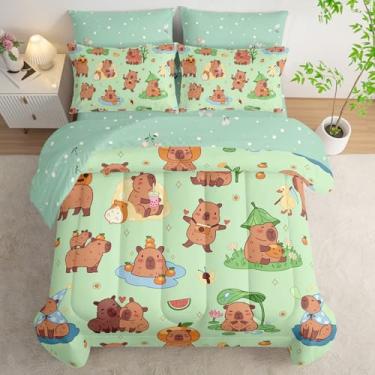 Imagem de AILONEN Jogo de cama Queen com estampa de capivara kawaii, 7 peças, verde grama, animais fofos, lençol com elástico, lençol de cima e 2 fronhas, 2 fronhas para quarto