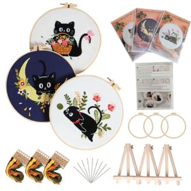 Imagem de Qupace 3 kits de bordado para iniciantes e adultos – Conjunto de artesanato de costura de ponto cruz com 3 argolas de bordado e 3 suportes acabados, kit de bordado com padrão floral (preto)