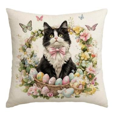 Imagem de MIGEEN Capas de almofada de primavera de Páscoa 45,7 x 45,7 cm adorável vaca gato borboleta fronha de almofada floral para decoração de Páscoa sofá pátio jardim