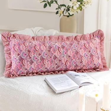 Imagem de Capa de almofada de babados com estampa de bloco de algodão de 35,5 x 91 cm, fronha feita à mão com estampa floral boho, acabamento de babados, capa de almofada decorativa macia para quarto, casa de