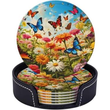 Imagem de BOXIMIAO Porta-copos com suporte, conjunto de 6, porta-copos absorventes de couro PU de borboleta brilhante com base de cortiça porta-copos redondos para decoração de casa, apartamento, cozinha, bar