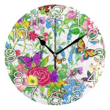Imagem de GAIGEO Relógio de parede analógico decorativo redondo sem tique-taque silencioso relógio de cozinha rústico, arte de parede moderna legal decoração de casa flores variadas borboletas, 25 cm, ponteiros