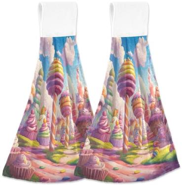 Imagem de TSENQUE Pirulitos doces caprichosos personalizados toalhas de mão de cozinha rosa com laços para pendurar conjunto de 2 toalhas de gravata de forno, decoração de cozinha moderna absorvente macia, 46 x