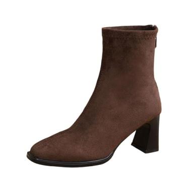 Imagem de Bota feminina de inverno casual plus size confortável bico quadrado curto zíper traseiro salto médio camurça, Café, 38