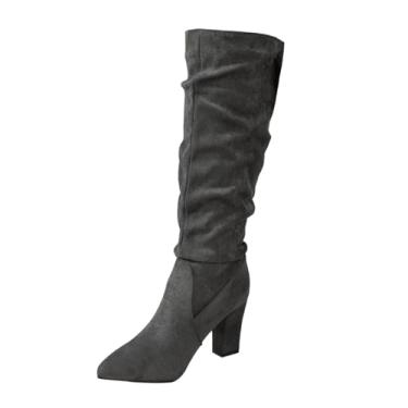 Imagem de Botas femininas modernas, casuais, versáteis, modernas, modernas, de inverno, salto grosso, salto alto, salto médio, botas na altura do joelho, flocadas, confortáveis, quentes, elegantes, Cinza escuro